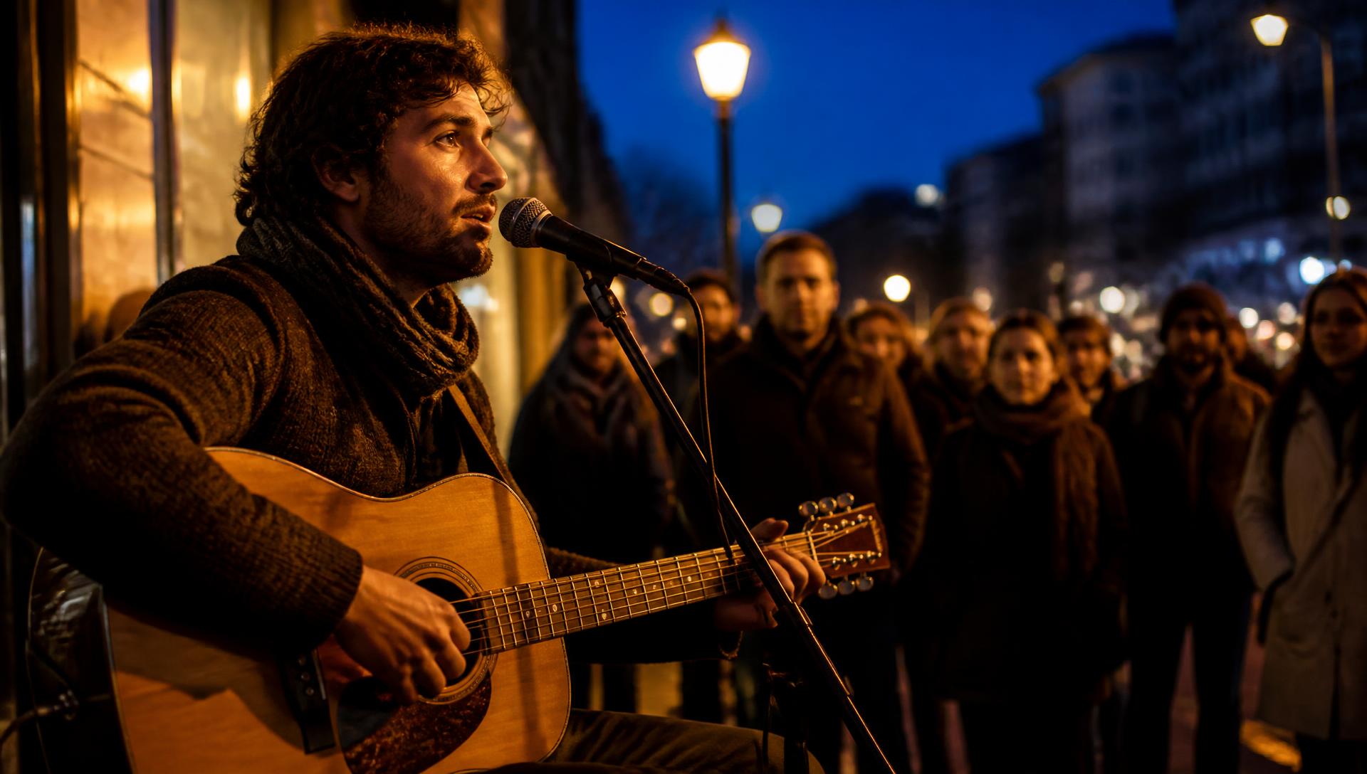 Still frame from a short clip: a street musician playing guitar at dusk, filmed from within a small crowd