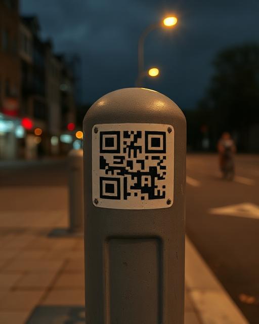 QR sticker on a concrete bollard at night