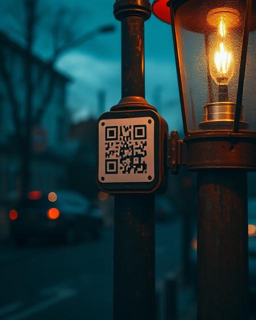 QR sticker on a rusty lamppost at dusk