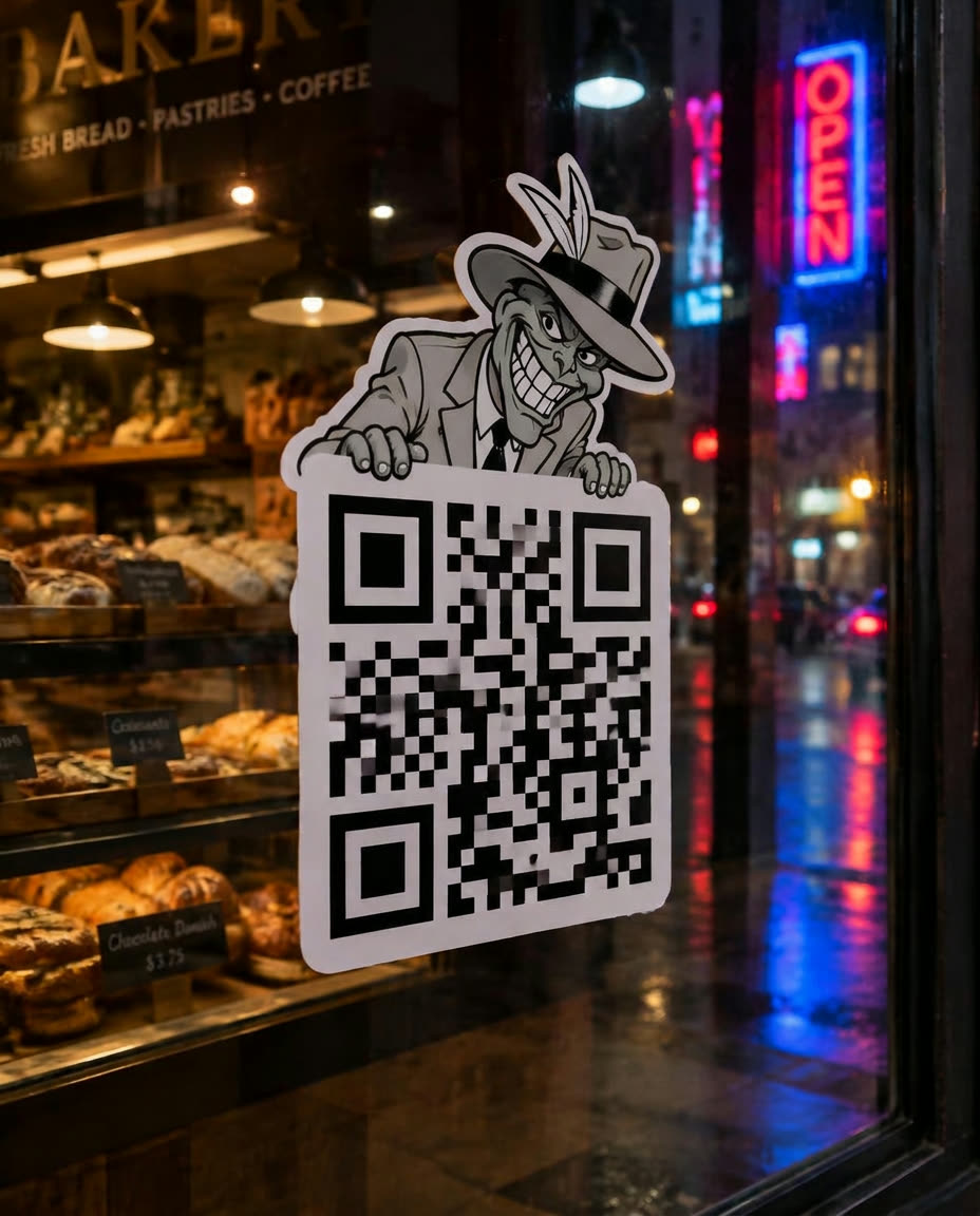 Black and white pop-up QR sticker of a grinning masked trickster on a colored photo of a bakery window at night