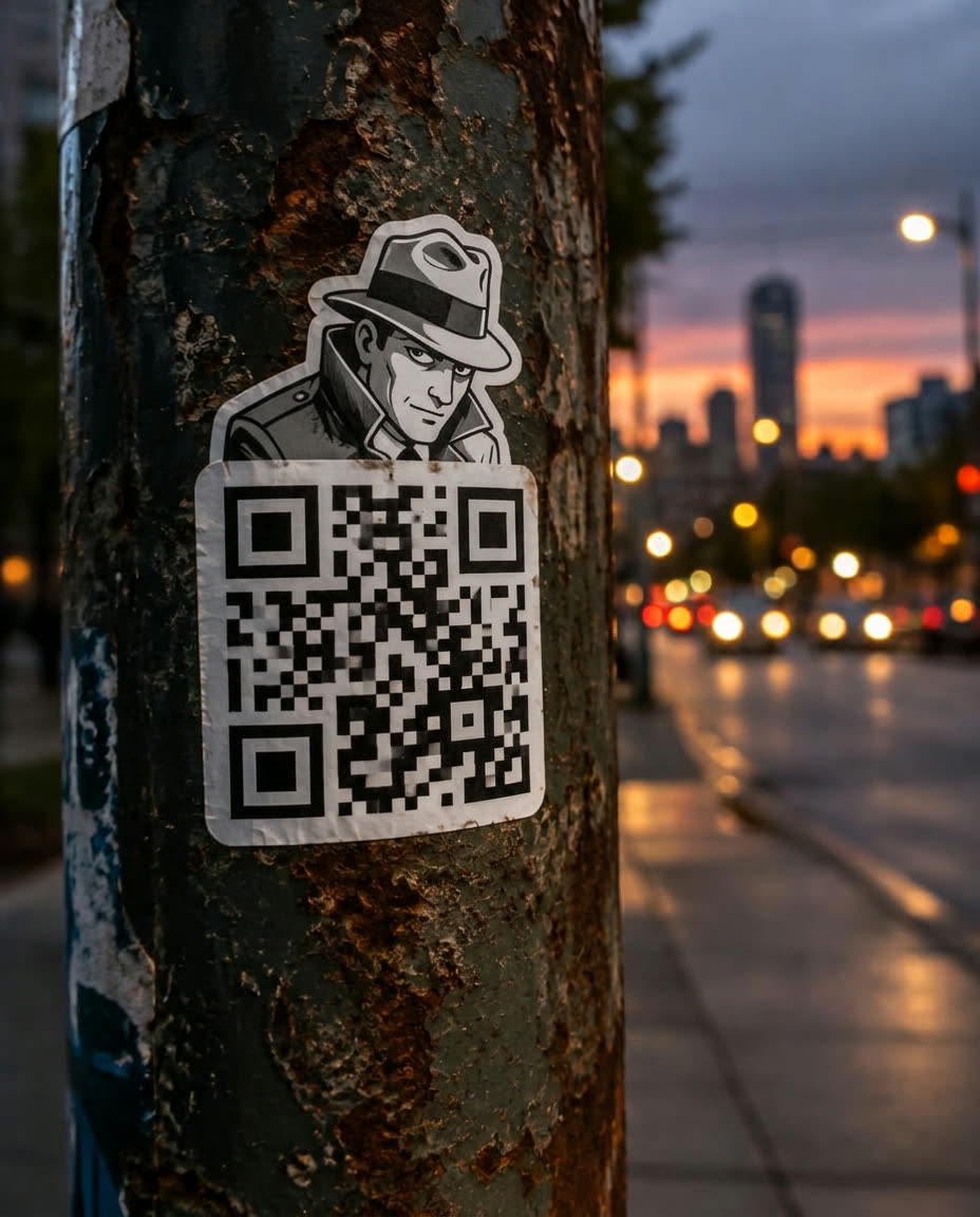 Black and white pop-up QR sticker of a noir detective on a colored photo of a rusty lamppost at dusk
